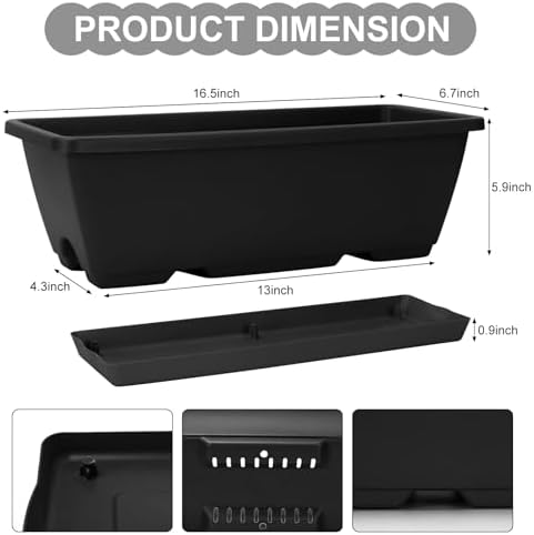 Window Box Planter, 6 Pcs 17" Flower Rectangle Planters Boxes, Dark Gray