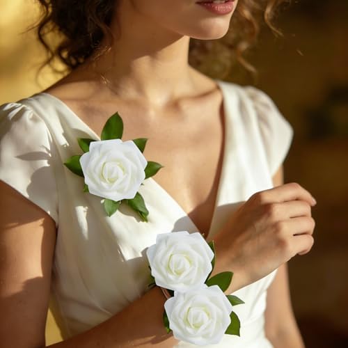 16 Pcs White Artificial Flowers, Fake Roses with Stems