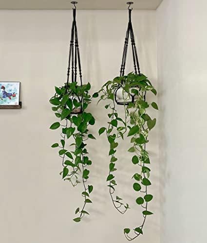 Mkono Macrame Plant Hanger Indoor 35 Inch Hanging Planter Basket Black 2Pc