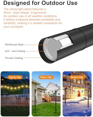 2 Pack String Light Poles for Outside, Adjustable Metal Patio Light Poles