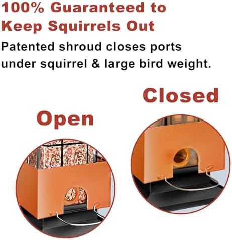 Squirrel Proof Bird Feeder, 3.5Lb Capacity Metal Bird Feeders for Outdoors Hanging, All-Weather Weight Activated Tube BirdFeeder with 4 Ports for Outside,Pigeon Resistant,Easy to Clean & Refill(Brown)