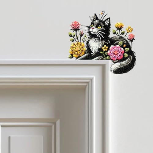 DIY Diamond Art Painting Animal Door Corner Decor, PVC Frame Signs with Black Cat Designs for Holiday Home, Festive Wall Hanging Gift for Family
