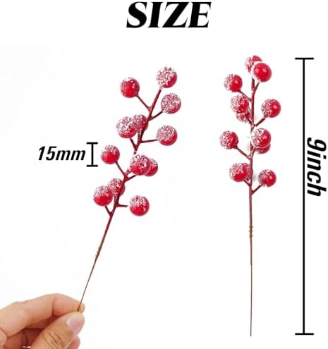 RONYOUNG 32PCS 9" Artificial Holly Berry Stems Christmas Berry Picks Sprays Snowy Fake Red Berries for Christmas Tree Branches Fillers Ornaments Valentine DIY Crafts Wedding Home Party Winter Decor