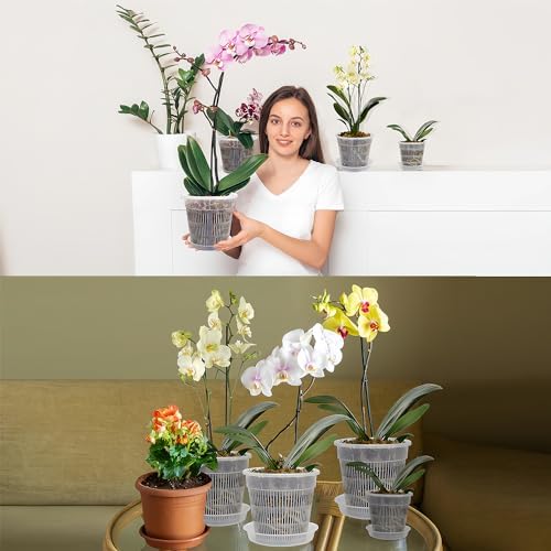 12Pcs Orchid Pot, 3 Each of 4.5, 5.5, 6.3 and 7.5 Inch Orchid Pots with Holes and Saucers, Clear Orchid Pots for Repotting, Plastic Plant Pot(3 Each of 4.5,5.5, 6.3,7.5in with Saucers)