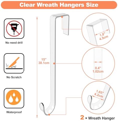 15" Clear Over The Door Wreath Hanger 2 Pack, Non-Scratch Door Hooks