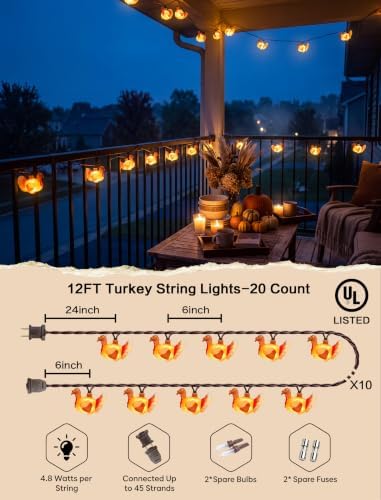SUNSGNE Thanksgiving Turkey String Lights, 12FT 20 LED Fall Decor Lights