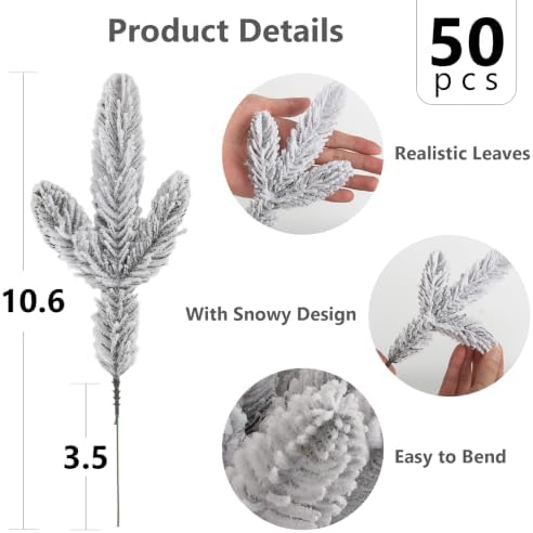 Hananona Artificial Pine Branches, 50 Pcs, 10.6", White