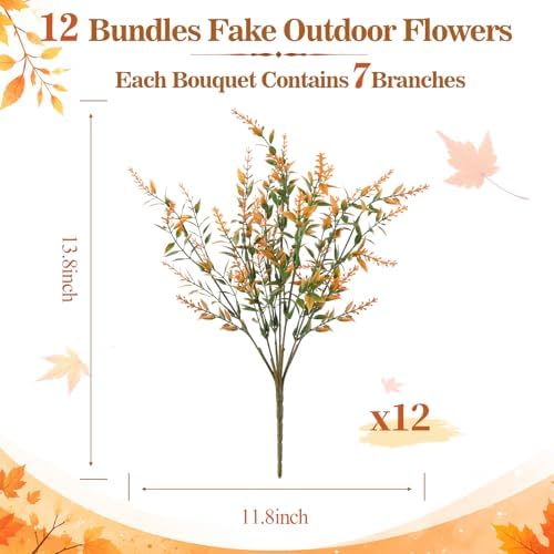 12 Bundles Artificial Fall Lavender Flowers, UV Resistant Outdoor Plants
