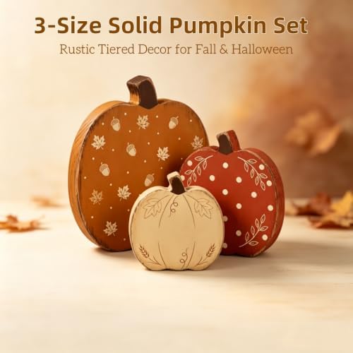 Fall Decorations Set of 3 Wooden Pumpkins - Farmhouse Rustic Autumn Harvest Thanksgiving Tiered Tray Decor for Table Mantel Shelf Indoor Home Decor
