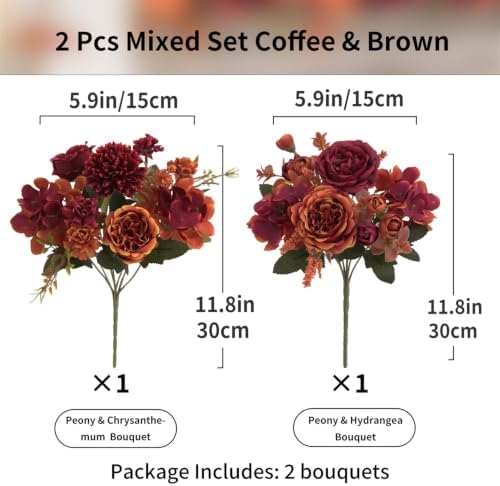 2 Pcs Fall Artificial Peony Hydrangea Bouquet, Coffee Brown Silk Faux Flower, Autumn Faux Floral Arrangements for Wedding Table Centerpiece Thanksgiving Halloween Farmhouse Indoor Outdoor Decor