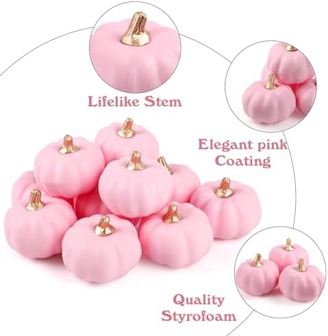 FOIMAS 12pcs Pink Artificial Pumpkins,Small Faux Pumpkins Lifelike Foam Pumpkin for Fall Halloween Thanksgiving Home Decoration Harvest Decor