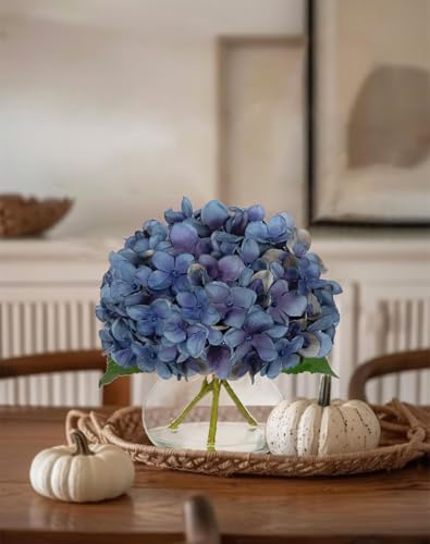 Hollyone Blue Hydrangea Fall Flowers Artificial for Decoration with Glass Vase Autumn Silk Faux Flower Arrangements with Fake Water Table Centerpiece Vase with Flowers Fall Decorations for Home