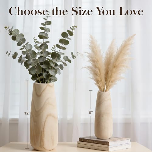 Natural Wood Vase for Dried Flowers – 12 Inch Decorative Table Vase