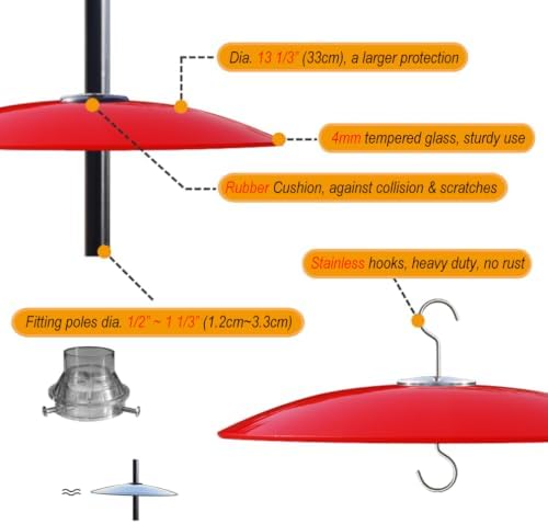 13" Large Glass Rain Cover for Bird Feeder, Red Weather Guard Dome Shield