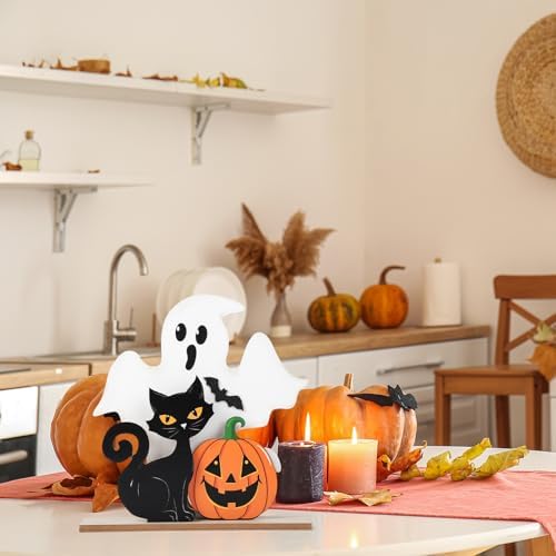 Halloween Decorations Indoor Wooden Black Cat Halloween Decor Ghost Table Sign Pumpkin Table Centerpieces Standing Tabletop Decoration for Holiday Desk Tiered Tray Party Shelf Decorations Farmhouse
