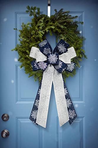 Hying Large Christmas Bow for Wreath, Blue White Cotton Bows for Front Door Wall Fence Decor, Christmas Snow Wreath Bow Tree Topper Bow for Winter Christmas Party Decoration Supplies