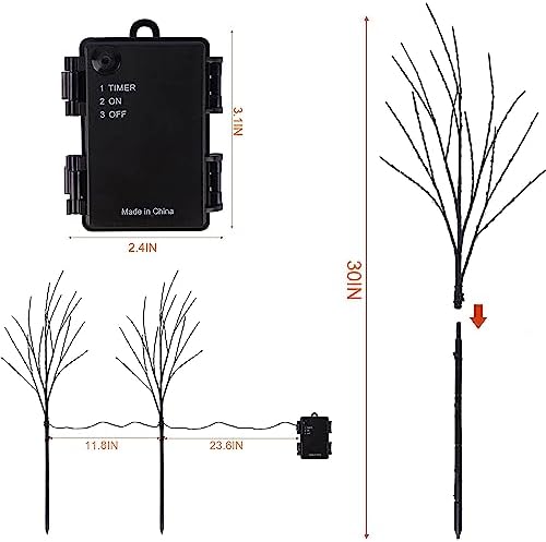 Lighted Halloween Tree Branches, 30IN 100LED Artificial Black Twig Branch with Purple&Orange Fairy Lights, Built-in Timer & Battery Operated, Waterproof for Outdoor Pathway Lawn Garden Decorations