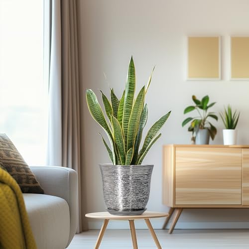 Ceramic Pots for Plants, 8 Inch Plant Pot with Drainage, Silver
