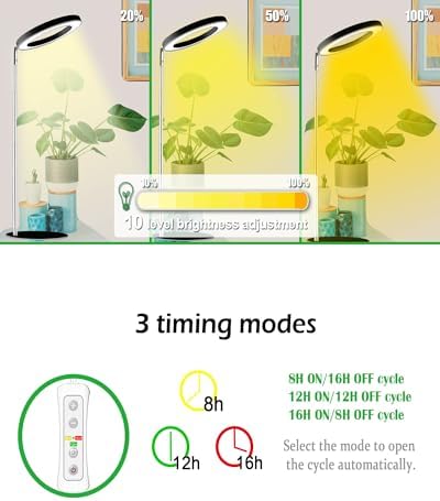 yadoker 72 LEDs Full Spectrum Plant Grow Light with Base for Indoor Plants，Height Adjustable, 6.3" Aluminum Housing,Automatic Timer with 8/12/16 Hours,10-Level Brightness,Black Plant Light,1 Pack