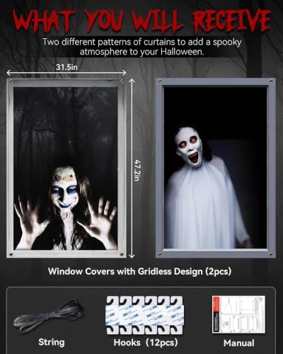 2pcs Halloween Window Cover Decor, Scary Ghost Curtain Outdoor