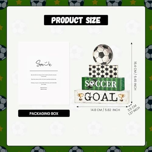 Smile Soccer Wooden Block Decor Set, 4-Piece SOCCER GOAL & Tiered Tray Tabletop Signs with Soccer Ball Figurine for Game Day & Sports Party Decorations