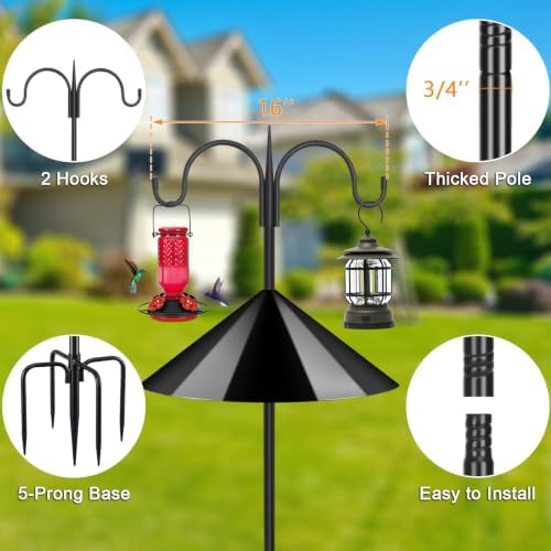 FEED GARDEN Heavy Duty Shepherds Hook Squirrel-Proof Bird Feeder Pole 92" Double Hooks 5-Prong Base & 19" Baffle for Outdoor Feeders & Plants