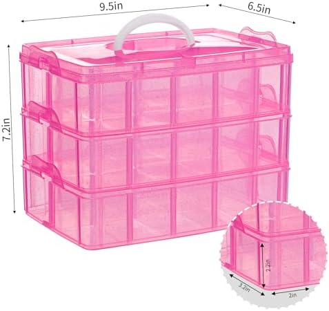Bead Organizer 3 tier 30 grid Stackable Craft Hair Tackle Storage Pink