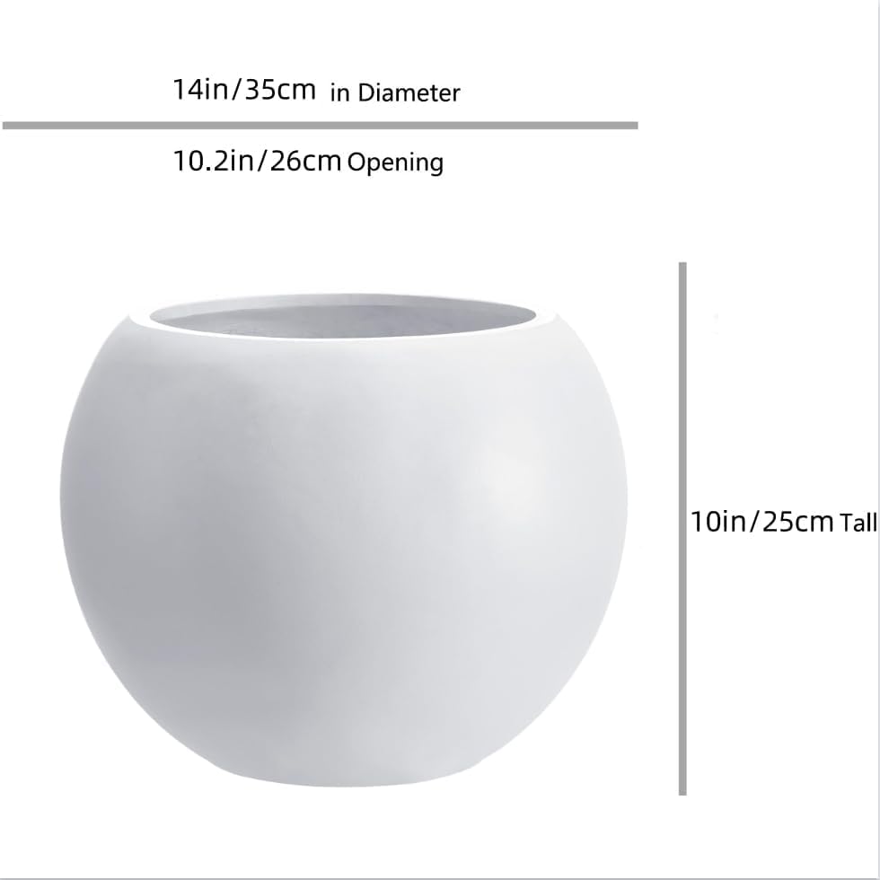 10" H x 14" Dia White Fiberstone Planter Pot with Drainage Hole, Large Round Indoor Outdoor Flower Pot for Plants
