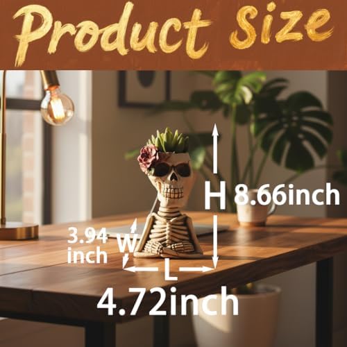 Skull Fake Plants Statue Decorations, Planter Pots with Artificial Succulents, Faux Indoor Plants for Home Decor, Desk Ornament, Handmade Resin Skeleton Statue, Unique for Women