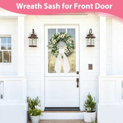 Wreath Sash for Front Door, 2pcs White Wreath Scarf with White Trim