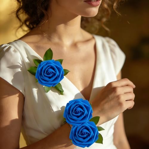 16 Pcs Artificial Flowers, Blue Fake Roses with Stems