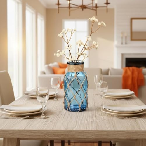 Blue Glass Flower Vase with Rope Wrapping Wide Mouth Woven Vase Decorative Floral Bottle Bud Vase for Table Centerpiece Home Decor Wedding Party (8x16 cm/3x6.3 Inch)