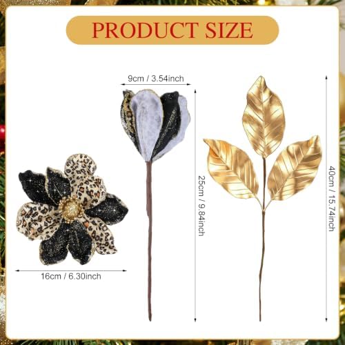 12 Pcs Christmas Magnolia Picks Set Magnolia Flower Leaves, Leopard,Black