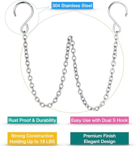 HS's Creation Stainless Steel 304 Planter Hanging Chain 20 Inch Long with S Hooks Decorative Replacement Chains Rust Proof for Billboards,Planters, Bird Feeders,Lanterns,Ornaments 3 Pack