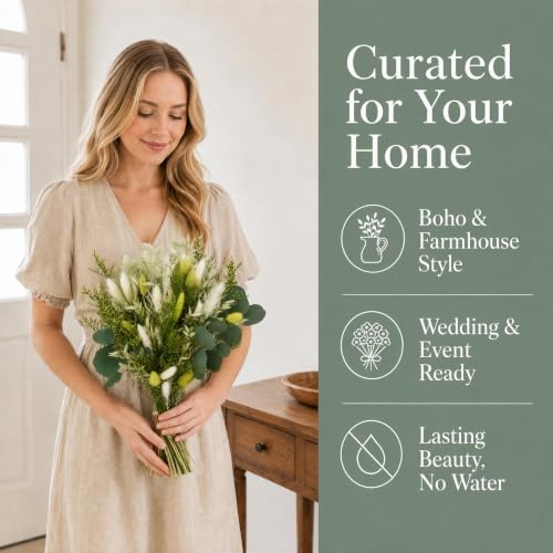 Umero Dried Flower Bouquet, 17in Green Boho Flower Arrangement Vase Decor
