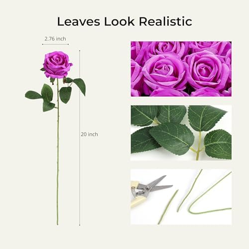 Auihiay 60PCS Artificial Roses, Magenta Roses, Velvet Silk Roses