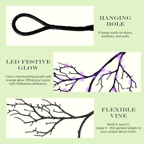 HipTree 6FT Halloween Lighted Black Vine Garland Orange Purple Lights