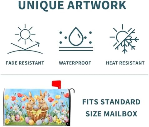 Easter Cute Bunny Eggs Mailbox Cover Magnetic Large Size 25.5 x21 Inch Easter Bunnies Flowers Mailbox Decoration Spring Holiday Mailbox Wraps Post Letter Box Cover for Home Outside Garden Yard Decor