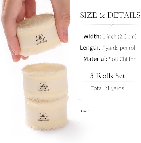 DORIS HOME Handmade Frayed Fringe Chiffon Ribbon 1" x 21Yd Ivory