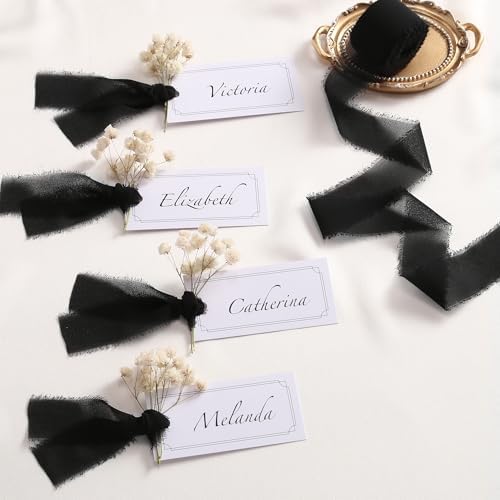 DORIS HOME Handmade Frayed Fringe Chiffon Ribbon 1" x 21Yd Black