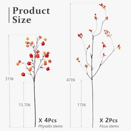 Fall Physalis Branches - 37" Faux Red Berry Stems, fake Flowers for Vase