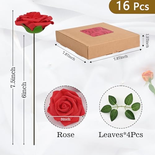 BLEUM CADE 16Pcs Artificial Flowers Fake Foam Roses with Stems for Wedding