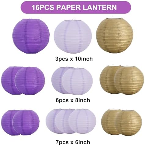 BEISHIDA Purple Gold Paper Lanterns 16Pcs 6/8/10 Inch Round Chinese Lamp