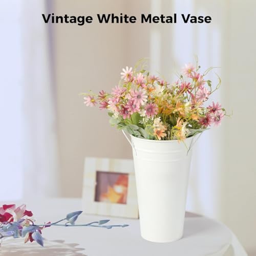 6 Pcs White Flower Buckets, Galvanized Metal Vases, 11.8 Inches Flower Vase with Handles, French Flower Bucket，Rustic Farmhouse Vases for Home Decor Wedding Table Centerpiece