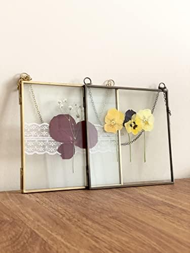Beedecor Glass Frame for Pressed Flowers, Leaf and Artwork - Hanging Square Metal Picture Frames, Clear Double Glass Floating Frame, Wall Decor Photo Display, Set of 2 Flower Press Frames with Chain
