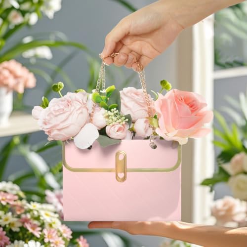 baotongle 6pcs Flower Paper Gift Box Bouquet Storage Bucket Handbag with Metal Chain Flower Boxes for Arrangements Wedding Valentine's Mother's Day Birthday Bridal Shower Pink