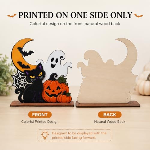 Halloween Wooden Tabletop Decoration, Cute Ghost Pumpkin Black Cat Decor, Spooky Fall Shelf Sign for Home Mantel Desk Office and Halloween Party