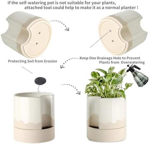 Nihow Ceramic Self Watering Plant Pot for Indoor Plants,8 Inch,White & Wave