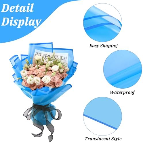 Rumvan Flower Wrapping Paper, 20 Sheets, Waterproof, Floral Bouquet Design, for Wedding, Birthday Gift, DIY Florist Supplies (Translucent white) (Royal Blue, 20 Sheets)