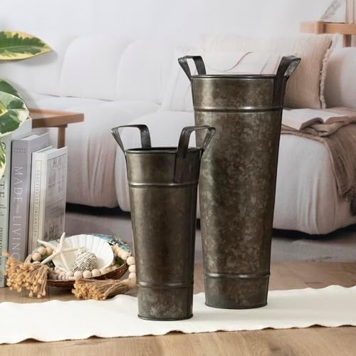 ANDALUCA Galvanized Metal Floral Vases with Handles Set of 2 (Charcoal)